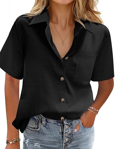 HOTOUCH Women Cotton Button Down Shirts Short Sleeve Linen Blouses Tops - color: A02-black, size: Small