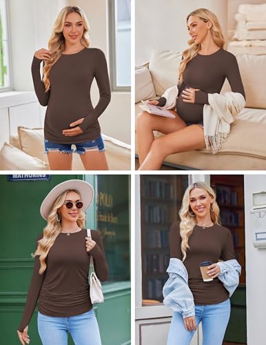 Ekouaer Womens 3 Pack Long Sleeve Maternity Shirts Thumb Hole Tops - color: 3pcs Black / Brown / White, size: Small
