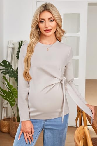 OUGES Women's Bow Tie Waist Maternity Shirts Long Sleeve Pregnancy Tops Crew Neck Fall Winter Elegant Business Blouse - color: Oat Grey, size: Small
