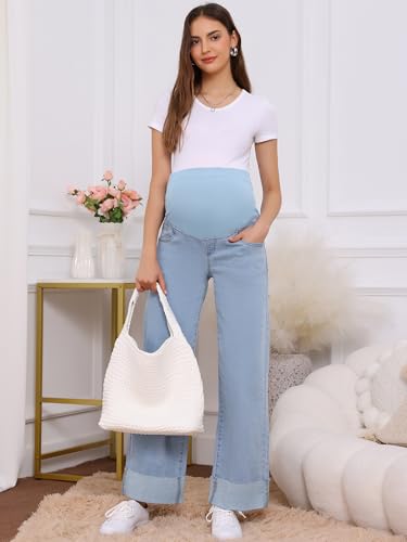 Women Maternity Jeans Straight Leg Cuffed Denim Work Pants - color: Light Blue, size: Large