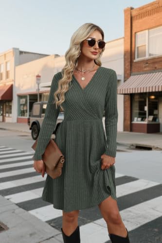 WIH0LL Womens Fall Dresses 2026 Long Sleeve Wrap Sweater Dress with Pockets - color: Green, size: X-Large