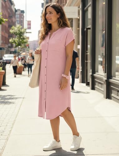 PATPAT Maternity Nursing Dress, Womens Button-Down Midi Dress with Pockets - color: Light Pink, size: X-Large