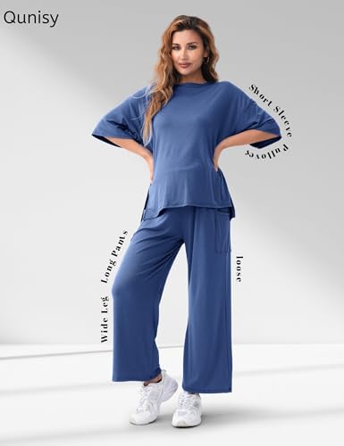 Maternity Lounge Set, 2 Piece Matching Set with Wide Leg Pants - color: Deep Blue, size: X-Large