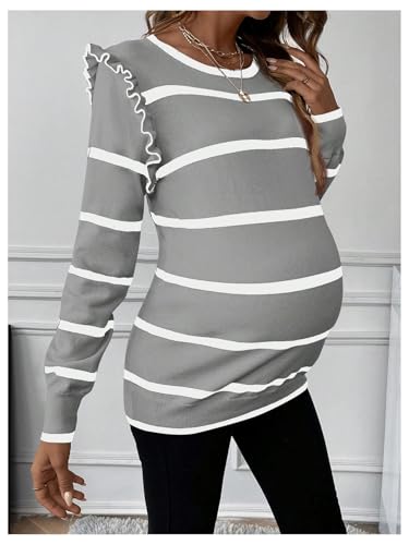 BEAUDRM Women's Maternity Sweater Striped Pattern Round Neck Long Sleeve Ruffle Tops - color: Dusty Blue, size: Small