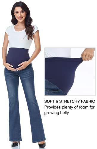GLAMIX Women's Stretch Maternity Bootcut Jeans with Pockets Over The Belly Bell Bottoms Flare Denim Pants Pregnancy Clothes - color: Navy Blue, size: Large