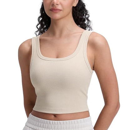 CRZ YOGA Ribbed U Neck Crop Tank Tops - color: Mojave Tan, size: Large
