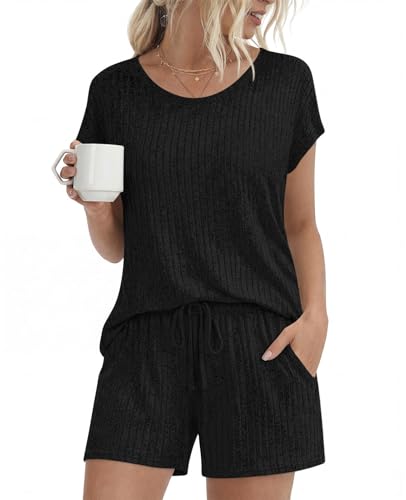 Womens Pajamas 2 Piece Lounge Sets Summer Sleepwear Short Pjs - color: Black, size: Medium