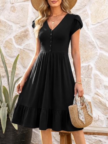 FENSACE Tulip Sleeve V Neck Button Down Dress with Pockets - color: Black-1, size: Small