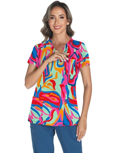 LOMON Women's V Neck Printed Scrub Top with 3 Pockets - color: Floral Rose Red, size: Medium