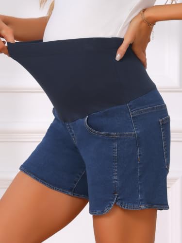 Maternity Jeans Shorts Stretchy Over Belly with Pockets - color: Dark Blue, size: Large