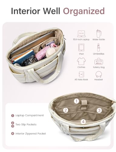 Uselike Tote Bag for Women with Zipper, Quilted Puffer Tote Bag with Compartments, Lightweight Puffy Work Bags for Women - color: Beige