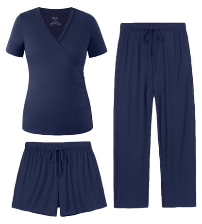 PATPAT 3-Piece Maternity Nursing Pajamas, Womens Lounge Set with Pockets - color: Navy Blue, size: XX-Large