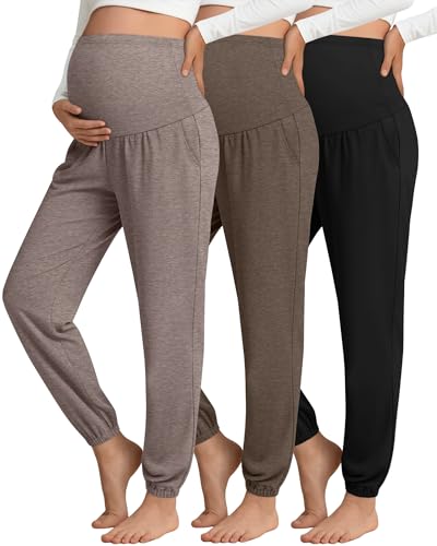 3 Pack Women's Maternity Jogger Pregnancy Sweatpants - color: Light Coffee, Gray Brown, Black, size: X-Large