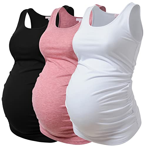 BHOME Maternity Tank Tops for Women Ruched Sleeveless Basic Tops Layering Maternity Shirt Vest Pregnancy Tee - color: Black/Rose/White, size: Medium