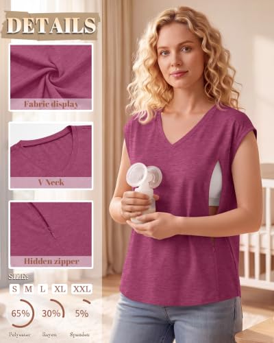 3 Pack Womens Nursing Tops V Neck - color: Fuchsia, Dark Blue, Black, size: Large