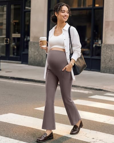 G4Free EverGoing Maternity Work Pants Pregnancy Ankle Flare Leg with Pocket - color: Taupe, size: Medium