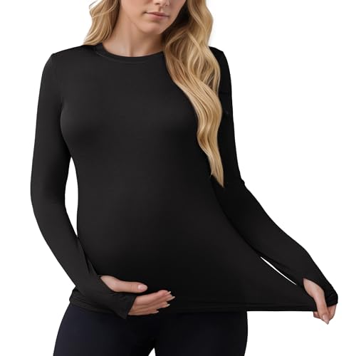 Women Maternity Stretchy Fitted Crew Neck Long Workout Tops - color: Black, size: XX-Large