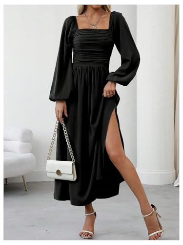 Floerns Women's Square Neck Lantern Long Sleeve Split Ruched Midi Dresses - color: Black, size: Large