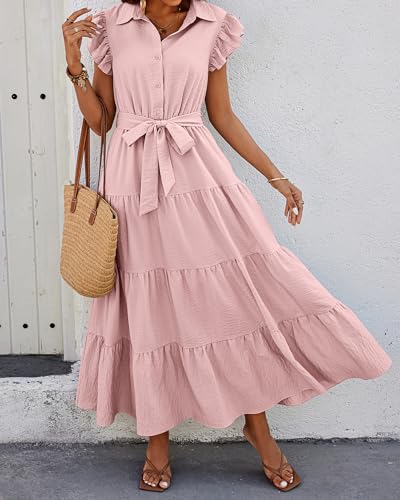 dowerme Women Ruffle Sleeve Button Belted Boho Maxi Dress - color: Pink, size: Small