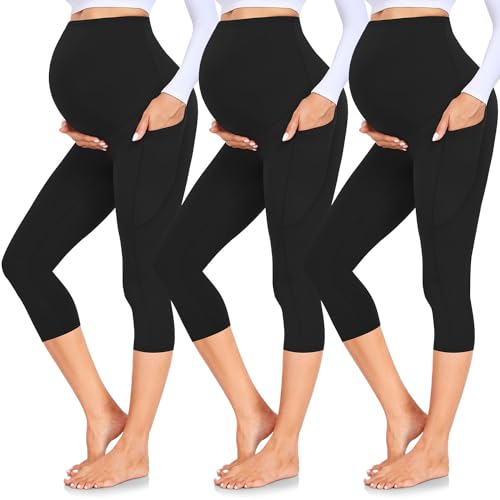 GROTEEN 3 Pack Maternity Leggings with Pockets Over Belly Yoga Pants - color: 01-black/Black/Black, size: Large