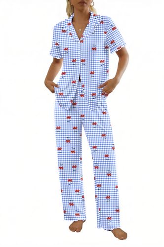 Ekouaer Womens Pajama Sets Short Sleeve Printed PJs Button Down Sleepwear - color: Cherry Small Grid, size: Small