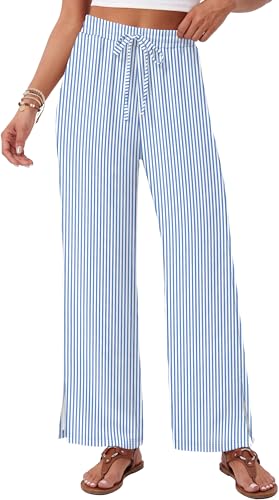 Sampeel Womens Wide Leg Beach Pants Elastic Waist Lightweight Casual Flowy Palazzo Lounge Trousers with Pockets - color: Blue Stripes, size: X-Large