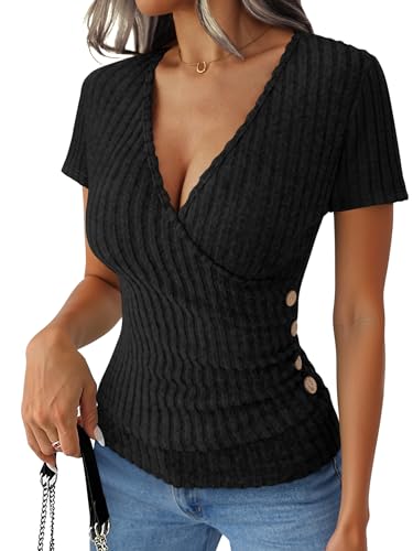 ANRABESS Women Short Sleeve V Neck Shirts - color: Black, size: Large