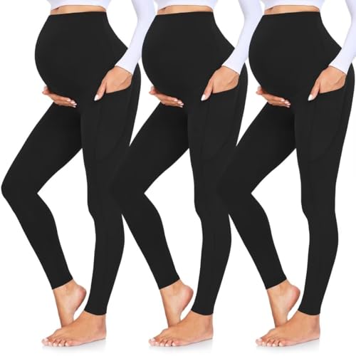GROTEEN 3 Pack Maternity Leggings with Pockets Over Belly Yoga Pants - color: 01-black/Black/Black, size: Medium