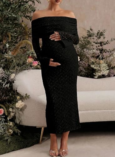 BLENCOT Womens Off Shoulder Flare Sleeve Split Bodycon Maternity Dress - color: Black, size: Medium