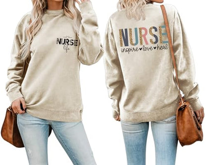 Nurse Sweatshirts for Women Nurse Inspire Love Heal Inspirational Pullovers - color: Khaki, size: Medium