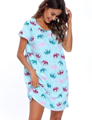 ENJOYNIGHT Womens Nightgown Cotton Sleep Shirt Short Sleeve Nightshirt - color: Blue Elephant, size: Medium