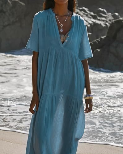R.Vivimos Womens Summer Cotton Casual Flowy Maxi Dress - color: Blue, size: X-Large