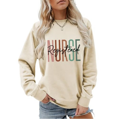 Registered Nurse Sweatshirt Women RN Nurse Life Crewneck Pullover - color: Beige, size: Large