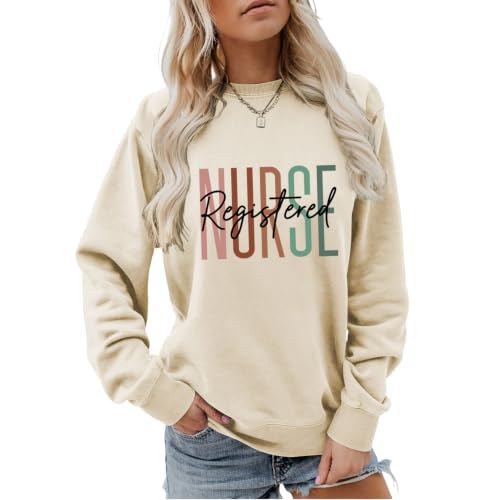 Registered Nurse Sweatshirt Women RN Nurse Life Crewneck Pullover - color: Beige, size: X-Large
