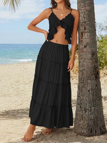 Trendy Queen Maxi Skirts for Women Boho Skirt with Pockets Summer Outfits - color: Black, size: X-Large