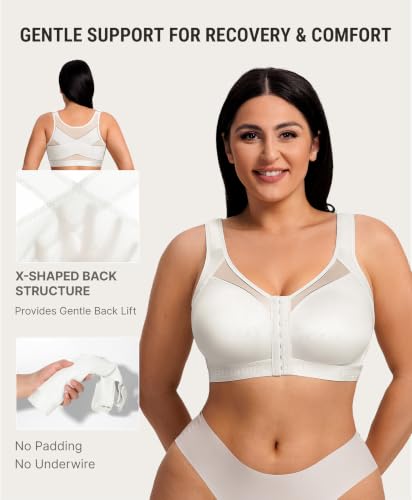 FeelinGirl Front Closure Post Surgery Compression Bra with Adjustable Straps Wireless Breast Augmentation Post Op Bras - color: White, size: Large