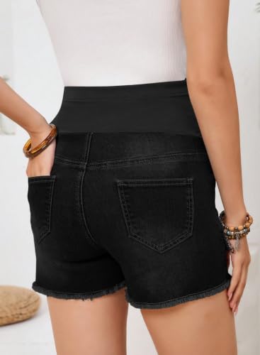 BLENCOT Maternity Denim Cargo Shorts Over Belly Soft Stretch Frayed - color: Black, size: Large