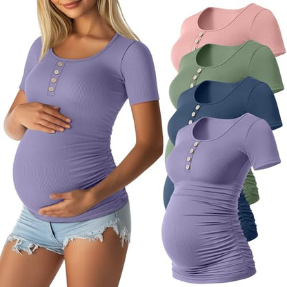 4 Pack Womens Short Sleeve Maternity Shirts - color: Lavender, Haze Blue, Gray Green, Light Pink, size: Medium