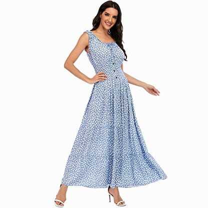 Women's 2026 Summer Boho Floral Print Tiered Casual Flowy Long Maxi Dress - color: Blue, size: Medium