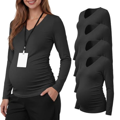 Neer 4 Pack Maternity Long Sleeve V Neck Under Scrub Tops - color: Black*4, size: Large