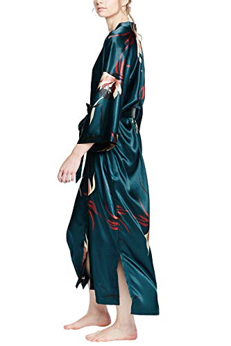 OLDSHANGHAI Satin Long Kimono Robe for Women - color: Hana - Teal
