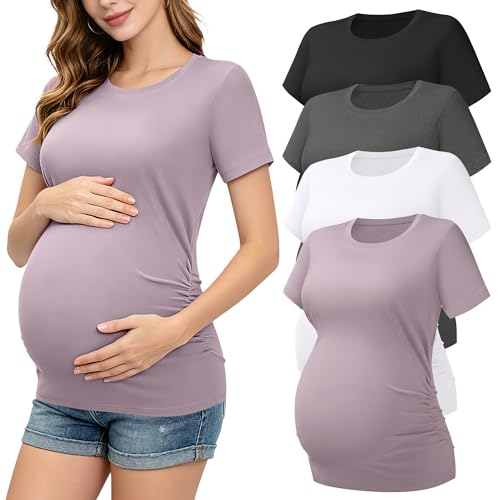Siimcuzy 1/4 Pack Women's Maternity Shirts Short Sleeve Side Ruched - size: XX-Large