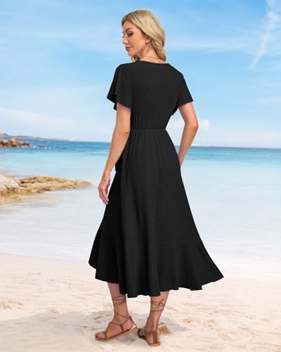 AUSELILY Women Summer Midi Dresses Wrap Short Flutter Sleeve Elegant Dress - color: Black, size: Medium