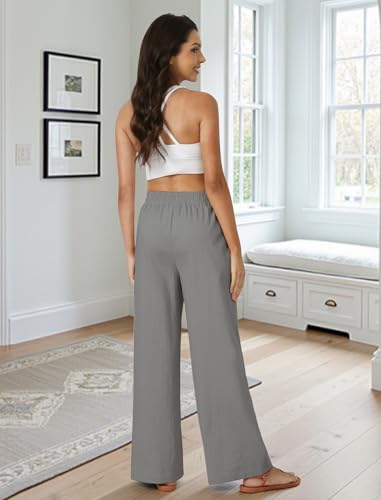FireSwan Linen Pants Women Drawstring Elastic Waist Wide Leg Palazzo Pants - color: Grey, size: Large