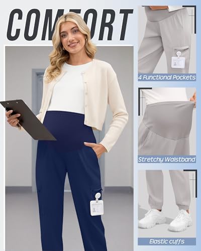 3 Pack Maternity Scrub Cargo Jogger Pants - color: Black, Light Gray, Navy Blue, size: XX-Large