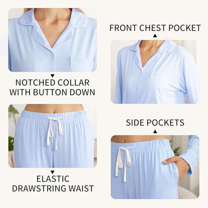 LYCY Cotton Pajamas for Women Set Long Sleeve Lounge Button Up with Pockets - color: Sky Blue, size: X-Large