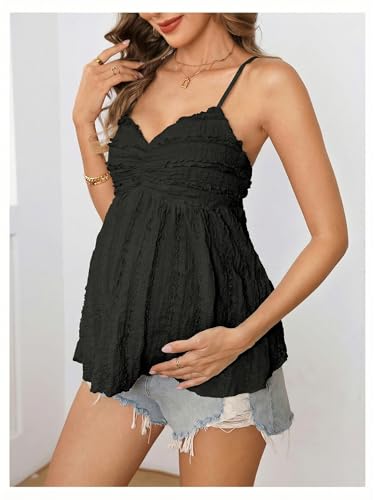 MakeMeChic Women's Maternity Babydoll Tank Tops Peplum Ruffle Cami Top - color: Black, size: Large
