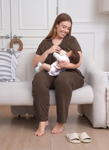 Rnxrbb 3 Piece Postpartum Nursing Pajamas Set Maternity Breastfeeding Pjs - color: 1-coffee Brown, size: Medium