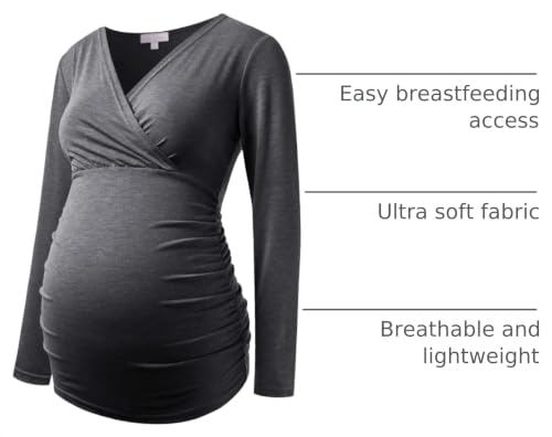 Maternity Shirt Long Sleeve Top Wrap V Neck Blouse Cross Over Nursing Tshirt - color: Dark Grey, size: Medium