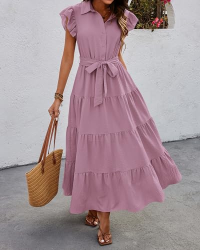 dowerme Women Ruffle Sleeve Button Belted Boho Maxi Dress - color: Light Purple, size: Small